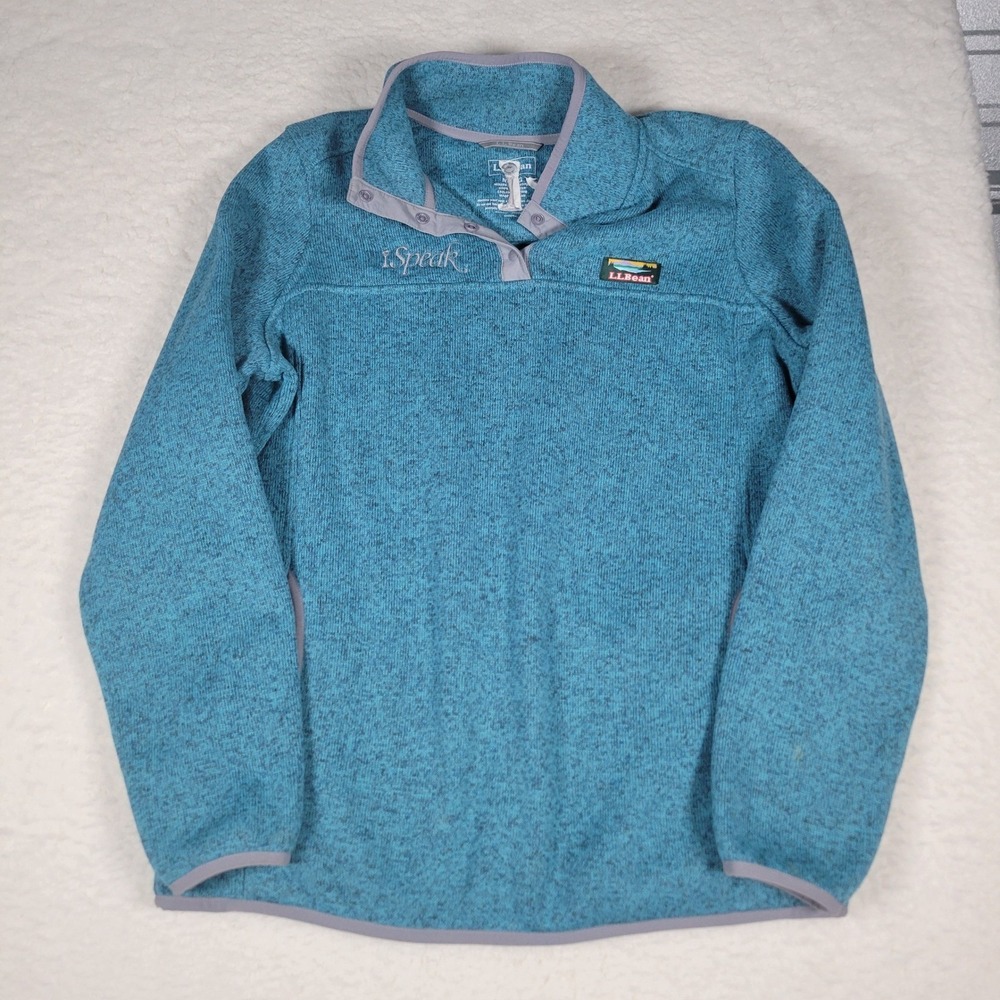 LL Bean Sweater Fleece Womens Size‎ M Teal Blue Snap Mock Neck Pullover iSpeak